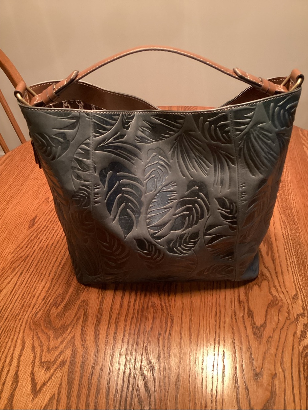 Tignanello Leather  Embossed Leaf Tote in Teal with Brown Trim - Picture 2 of 8